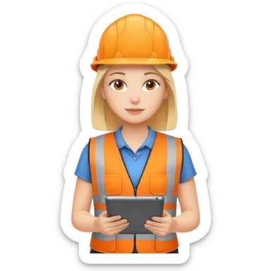 worker woman wearing orange west holding a tablet sticker