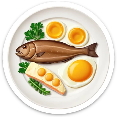 A plate with liver, egg yolk, butter and fish, with vitamin A nutrition labels sticker