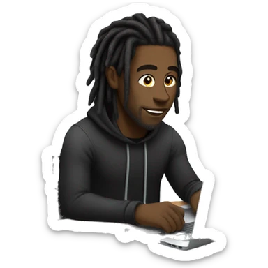 Black-guy-with-dreads-wearing-black-trackstuit-sitting-down-on-chair facing-foward-focused-on-laptop-computer- sticker