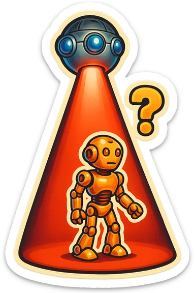 new character...robot being hit with a red beam by a flying robot sticker