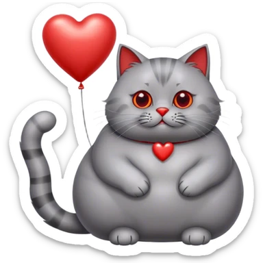 gray fat British cat and red heart metallic baloon sticker