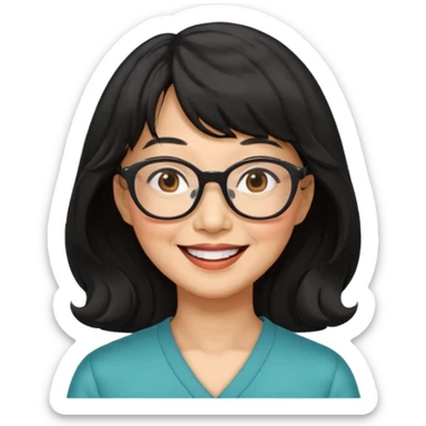 asian woman, 60 yr old, black wavy hair with bangs, big glasses  sticker