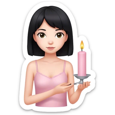 Girl with fair skin wearing light pink speghetti top has straight black medium length hair holding 25 candle in hand sticker