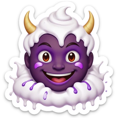 Purple smiling Devilish emoji with white whipped cream splattered all across it’s face sticker