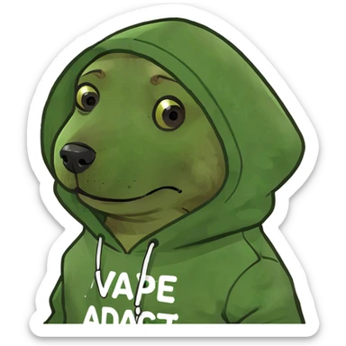 Small brown dog wearing a hoodie that says vape addict sticker