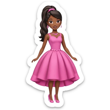 black barbie. typical barbie ponytail, pink dress, super pretty, full body, the only pink is her dress sticker