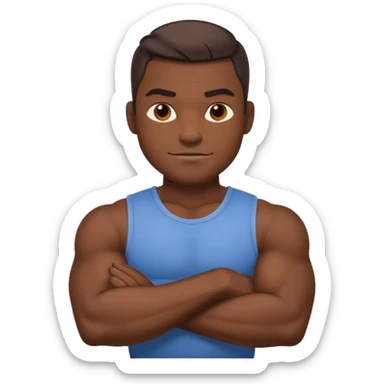 A confident, muscular cartoon male character with dark skin, crossed arms, smirking expression, bold, minimalistic lines, warm shadowing, stylized as an emoji icon. sticker