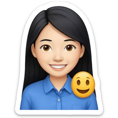 30 yr asian woman light skin long straight black hair big smile blue collared shirt sticker