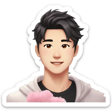 Gorgeous bright sparkly romantic Asian anime style guy with blushing face and flowers aesthetic trending style outside sticker