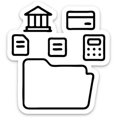 Closed folder icon with small symbols floating around: bank building, credit card, calculator, and document – organized financial archive sticker