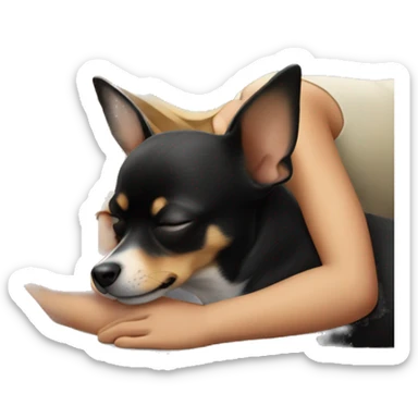 Girl sleeping with black and tan chihuahua  sticker