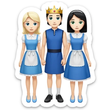King, black hair, body, legst, blue eyes, blue garmont,  shoes, maid blonde hair, green eyes, sexy short sleveless White dress, shoes sticker