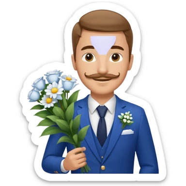 Homme 23 ans léger bouc moustache en costume bleu chemise blanche insigne cabin crew portant bouquet fleur blanche souriant  sticker
