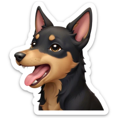 Cinematic Cute Yawning Black and Tan Kelpie Portrait Emoji, Head tilted slightly with a dramatic, wide-open yawn, showcasing a smooth black Fur with distinct tan accents, floppy ears slightly drooping, round dark eyes barely open in drowsy contentment, Simplified yet irresistibly adorable features, highly detailed, glowing with a soft, cozy glow, high shine, relaxed yet expressive, stylized with a touch of whimsy, bright and endearing, soft glowing outline, capturing the essence of a sleepy yet affectionate herder, so drowsy it feels like it could stretch out of the screen and curl up for a nap! sticker
