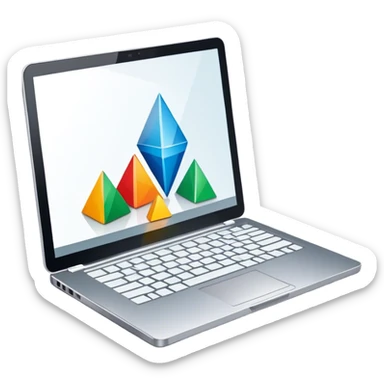 Professional icon for Graphic Design: a laptop with Photoshop open on the screen, displaying geometric shapes like spheres, cubes, and pyramids, along with a stylus. The icon should reflect the creative process in graphic design. Transparent background. sticker