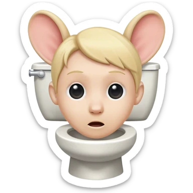 A toilet with a head coming out of it that has blonde flat hair and big ears sticker