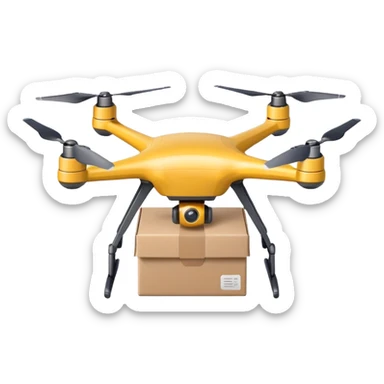 Delivery drone sticker, quadcopter carrying small package box, friendly design, simple flat vector style, soft shadow, white outline, transparent background sticker