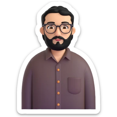 man with medium black beard, black hair, connected unibrow, olive tan skin, brown eyes, glasses, prominent long nose, wearing casual business attire like a button-up shirt without tie sticker