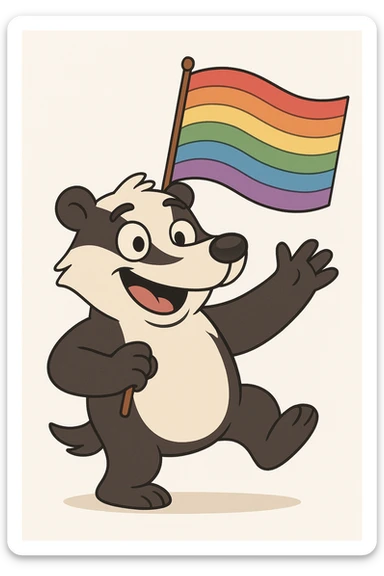 cartoon badger holding a rainbow flag, cheerful, white background sticker