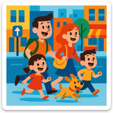 cartoon family with a pet dog, exploring city streets, lively urban setting, fun atmosphere, vibrant toon style sticker