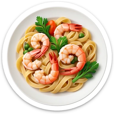 Shrips meal with pasta on plate with some vegetables too sticker