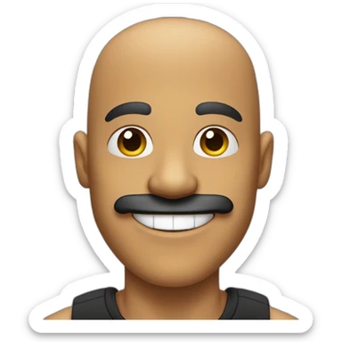 Bald man with very big black mustache and tan skin and a super big smile and smiley eyes and a black t-shirt sticker