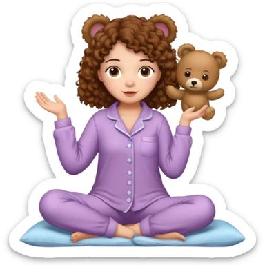Woman with brown eyes, brown curly hair, white skin, full body in cute pijama bear sticker