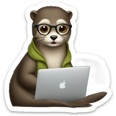 female vet otter with glasses use a macbook while seated against a pillow sticker