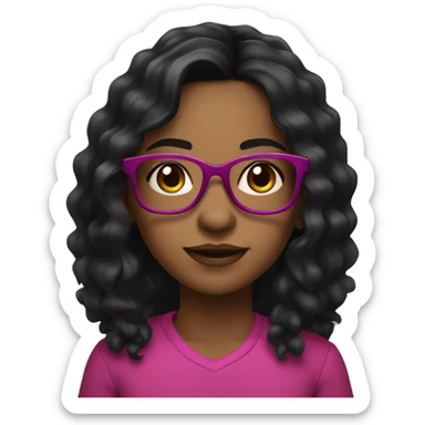 Girl with long wavey black hair and brown skin and brown eyes and fuchsia and black glasses sticker