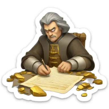 middle ages taxman, angry, writing on a paper, pile of gold sticker