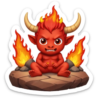 a Red devil, short horn Chibi red demon sitting on fire rock sticker