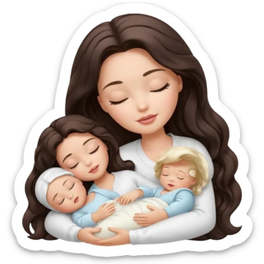 White Barbie girl dark brown long wavy hair in white clothes sleeping with white baby at cream bed, eyes are closed sticker