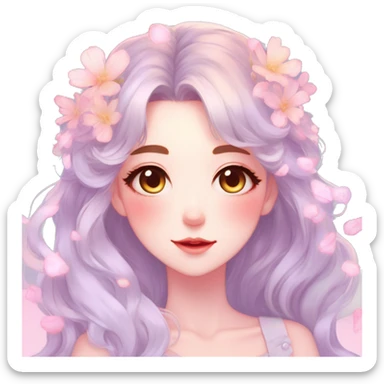 Gorgeous pastel anime style lady with blushing face with flower petals around  cottagecore fairycore pastelcore shiny colorful pearly petite simplistic aesthetic trending style sticker