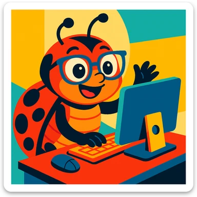 a nerdy ladybug using a computer, fun and expressive style, vibrant toon, colorful, playful, cheerful sticker
