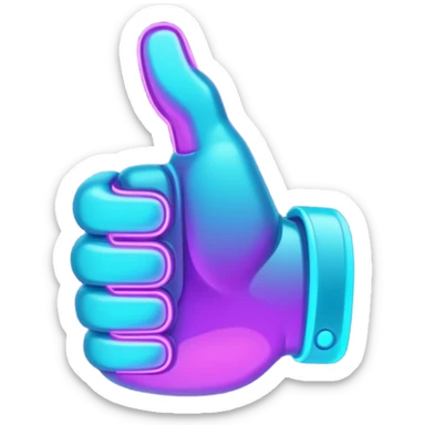 futuristic glowing thumbs up, neon purple and cyan light, dark background, digital tech style sticker