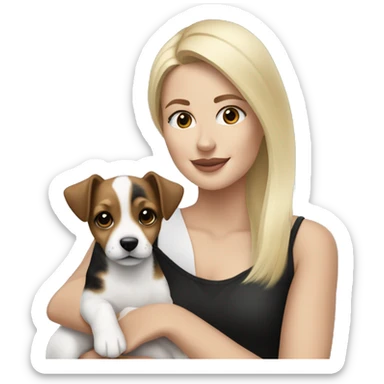 Blonde woman holding a black brown and white jack russell terrier puppy sticker