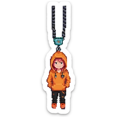 person with bacon hair, very small head, orange hoodie, black trousers, orange shoes, gamer chain around head, pixel art style sticker