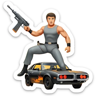 Icon for Action Movie: A vintage movie poster-style design featuring intense action scenes with explosions, weapons, and dramatic poses of Stallone. Include cars and helicopters flying out of flames in the background. Bold typography and retro cinematic style. Transparent background. sticker