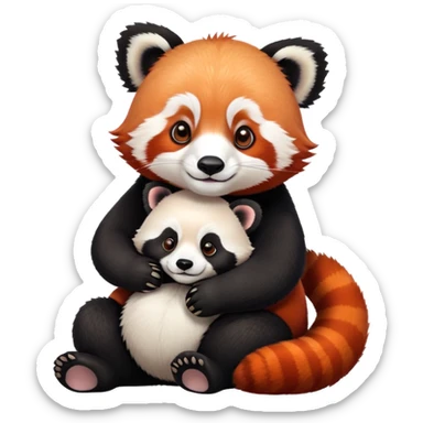Small red panda perched on a large panda bear sticker