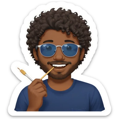 A cartoon-style sticker of a young man with messy dark curly hair and a short beard. He is wearing a navy blue t-shirt. He is smiling confidently with a toothpick in his mouth, held between his teeth on the right side. His sunglasses are unique — they are clearly hand-drawn on white paper and cut out, with cyan-colored diagonal lines and bold outlines. The paper glasses are placed on his face in a humorous way. He is pointing with his left hand in a playful, “you got this” gesture, with his thumb up and index finger pointing forward. The style is bold, outlined, with vibrant colors, clean vector lines, and designed for use as a sticker. Transparent background. sticker