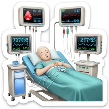 a PATIENT waking up before a surgery sleeping. And monitors with vitals and numbers sticker