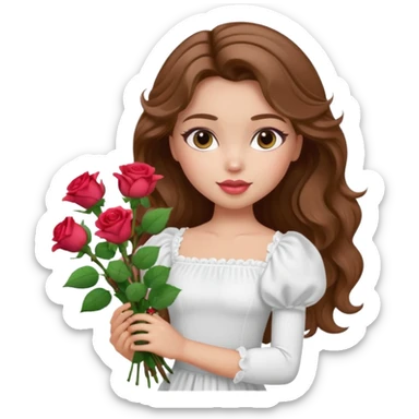 generate a pretty bratz girl with in a white puff sleeve top.  light lipgloss on . Brown wavy hair long. carrying flowers  sticker