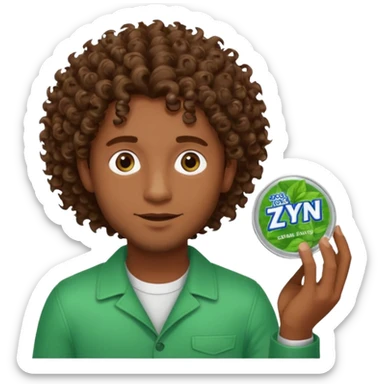 Man with Curley brown hairholding Zyn spearmint snus sticker