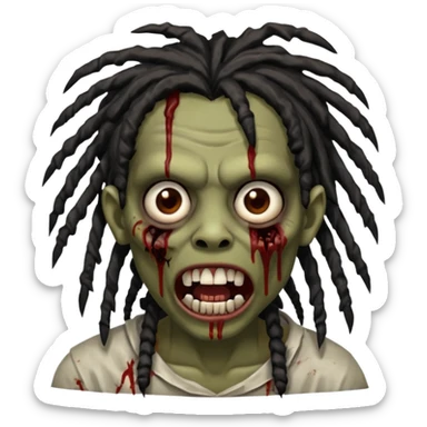 zombie with brown skin, messy black dreads hair, wide centered brown eyes, dark bloody marks under the eyes, and a slightly open mouth showing crooked teeth grillz, giving a distressed, undead look. sticker