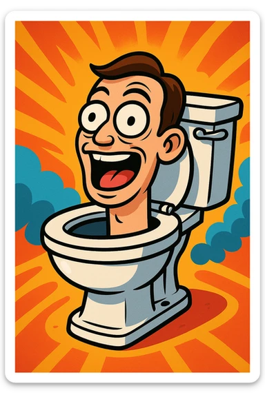 Skibidi Toilet type toilet, human head coming out of the toilet, funny expression, animated style, vivid colors sticker