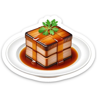 Dongpo Pork braised pork belly caramelized dish, simplified emoji style with bold outlines and bright colors, cartoon style Chinese culinary heritage sticker