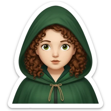 A white woman with a chubby face, with extra long dark auburn hair, cloaked and hooded like she's a Traitor in the tv show 'The Traitors'. her hair is frizzy curly, not with defined curls, and the robe is a very dark green/almost black color sticker