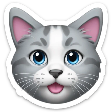 a cat with a pink nose, gray fur, blue eyes and white lower face sticker
