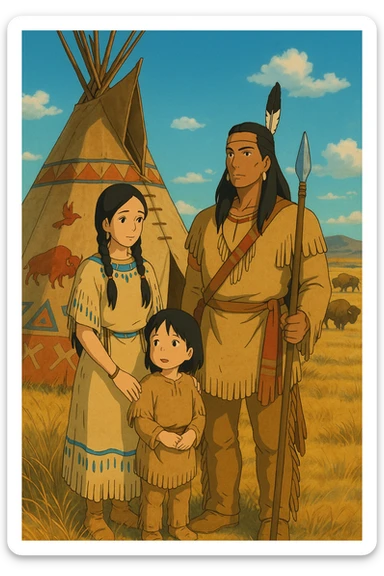 A native American family including a mother and young child, with a father who is a warrior. They are standing near a tepee decorated in native american symbols, there are buffalo in the distance. They are on the dry grasslands of the great plains in the 1840s sticker