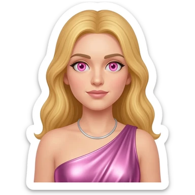 Aphrodite from Greek Mythology with pink eyes, long blonde hair, pink metallic one shoulder dress, silver necklace sticker